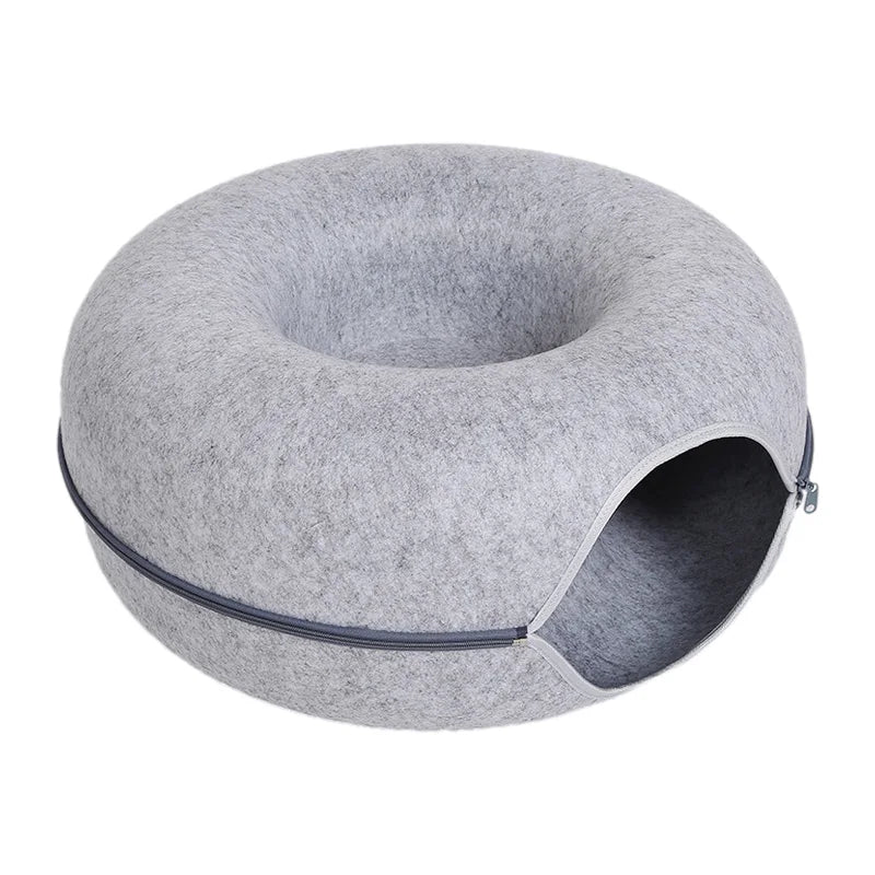 Donut Cat Bed for 2 Cats Pet Cat Tunnel Toys Kitten House Basket Interactive Play Toys for Cats Natural Felt Rabbit Cave Nest